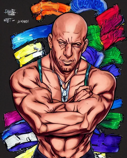 Prompt: Digital color ink drawing of Vin Diesel from JoJo\'s Bizzare Adventure, highly detailed, sharp focus, screentone shading, 1990 manga panel, trending on ArtStation, manga cover art drawn by Hirohiko Araki