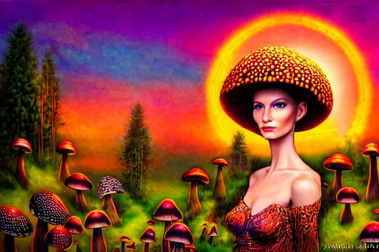 Image similar to a realistic portrait of a beautiful mushroom goddess in an enchanted psychedelic mushroom forest, at sunset,