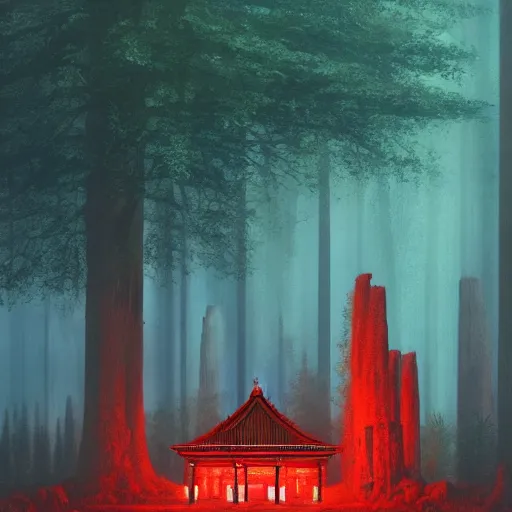 Image similar to red ancient temple between green fields with big trees, star trails, dramatic lighting, artstation, matte painting, caspar david friedrich, simon stalenhag