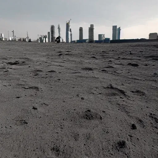 Prompt: moonwalker photo, lunar soil, city buildings, a detailed photo of a future norilsk base, moon landscape, street photo