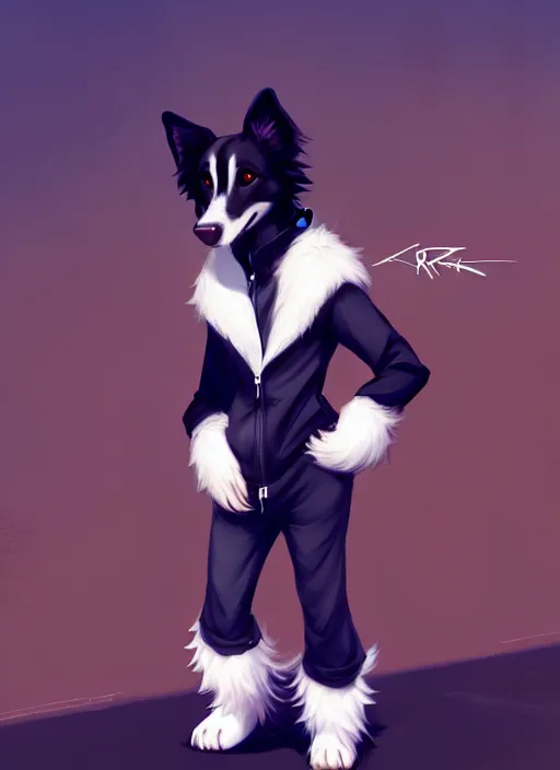 Prompt: wide angle beautiful full body portrait of a cute male anthropomorphic anthro border collie fursona wearing a tracksuit in a dark city, character design by charlie bowater, henry asencio, and ross tran, furry art, furaffinity, beautiful, glamor pose, detailed, aesthetic, trending on artstation