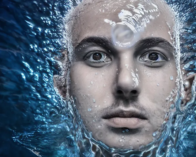 Image similar to water art manipulation of a surreal human head with open eyes burried in the ocean, hyper realistic, ray tracing, realistic water, sharp focus, 8 k resolution, cinematic