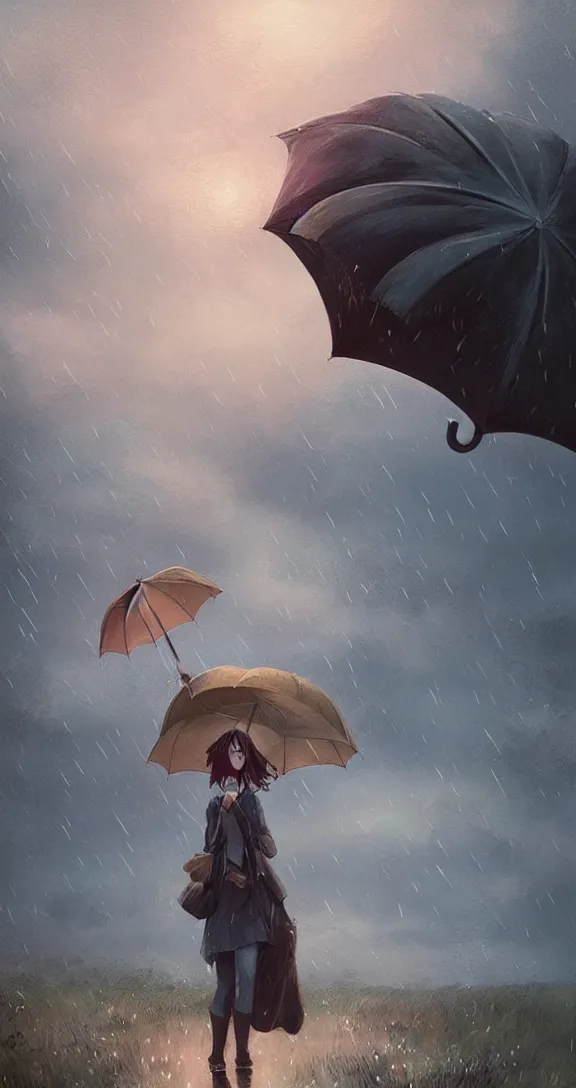 Image similar to Holding an umbrella in a thunderstorm in the prairie, pretty, by Studio Ghibli and Greg Rutkowski, artstation