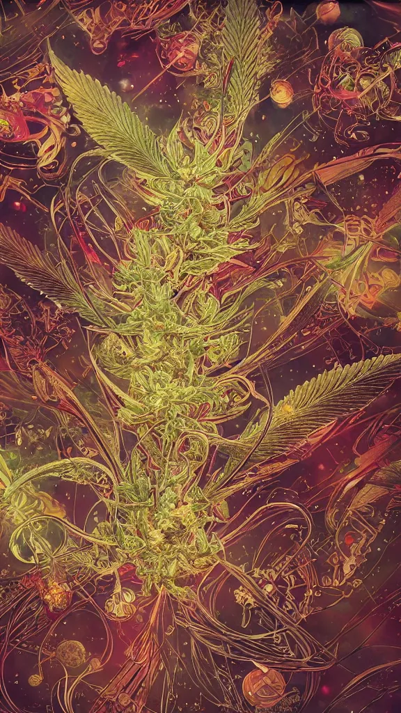 Prompt: interstellar cannabis molecular, a beautiful watercolor and ink sketch by Ernst Haeckel, Victo Ngai, and Wassily Kandinsky, trending on artstation, golden ratio, elaborate dark red ink illustration, octane render, weta digital, ray trace, 8k