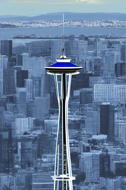 Image similar to space needle in photorealistic unreal render style, blue background