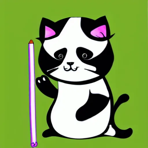 Image similar to kids drawning of a cute kitten with panda body and cat face, in a kimono, holds a sword