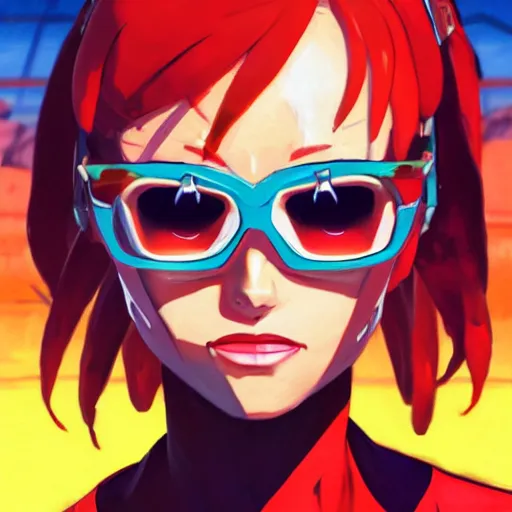 Prompt: asuka close - up, evangelion, gta 5 cover art, smiling borderlands style, cellshading, trending on artstation, by rhads, andreas rocha, rossdraws, makoto shinkai, laurie greasley, lois van baarle, ilya kuvshinov and greg rutkowski