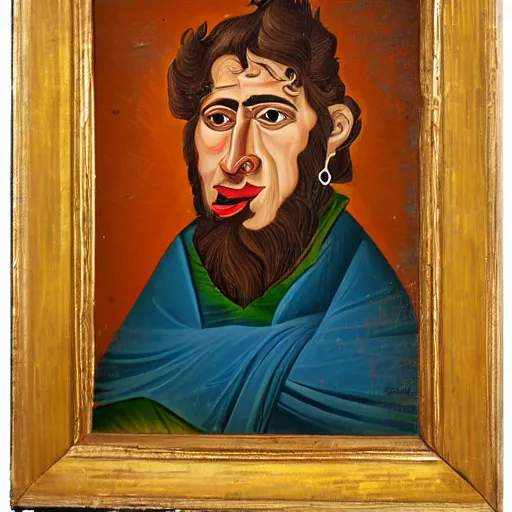 Image similar to portrait of ancient silly greek man with big eyes and sharp nose and open mouth. fine detail. artistic painting by lurid