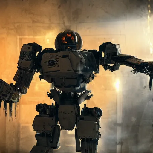 Image similar to cutlery mecha, dark messy smoke - filled cluttered workshop, dark, dramatic lighting, orange tint, cinematic, highly detailed, sci - fi, futuristic, movie still