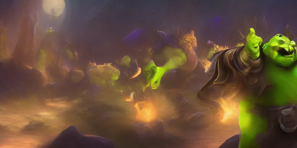 Prompt: A still of Shrek in League of legends's Arcane series