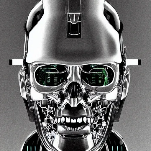 Image similar to super detailed portrait of a terminator's head, packed with cybernetics and and borg enhancements