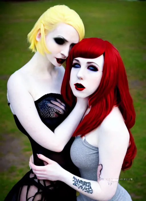 Prompt: a full body shot of two beautiful pale skin cosplay girls hugging each other in close proximity, light gray eyes, photo, bokeh, sharp focus, big red lips, black hair, feet posing, goth style, fully tattooed body, fishnet clothes, beautiful detailed face, masterpiece, photo by magali villeneuve