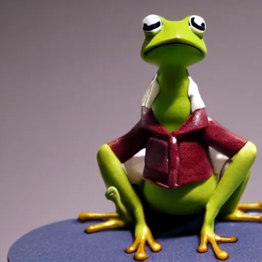 Image similar to a small frog standing on two feet at the hotel reception entry, claymation, aardman animation