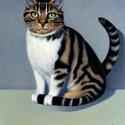 Image similar to painting of a mackerel tabby cat by rene magritte, hd, 4 k, detailed, award winning, orange, white, black