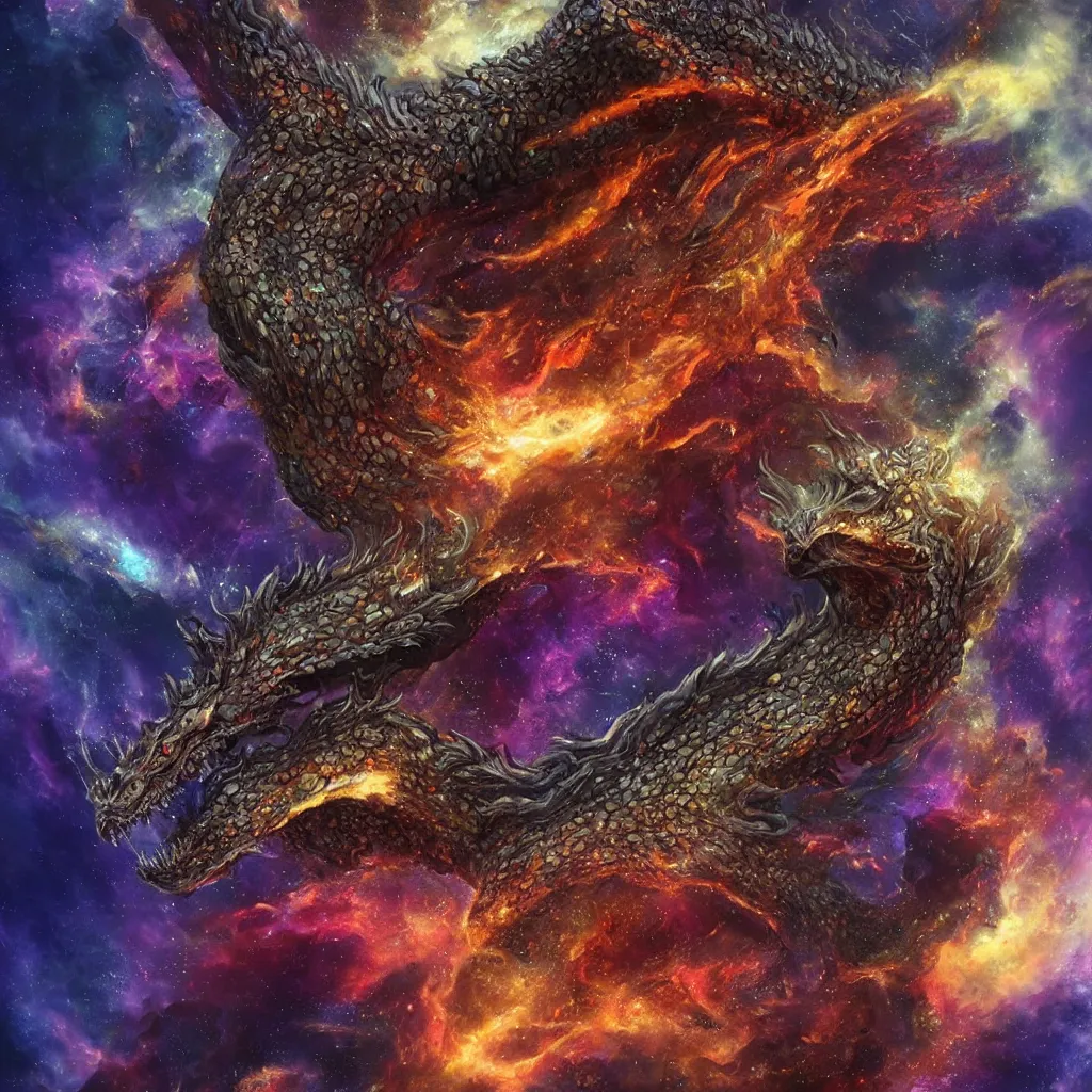 Image similar to A portrait of a dragon made of stones in a nebula explosion, trending on artstation, digital art,