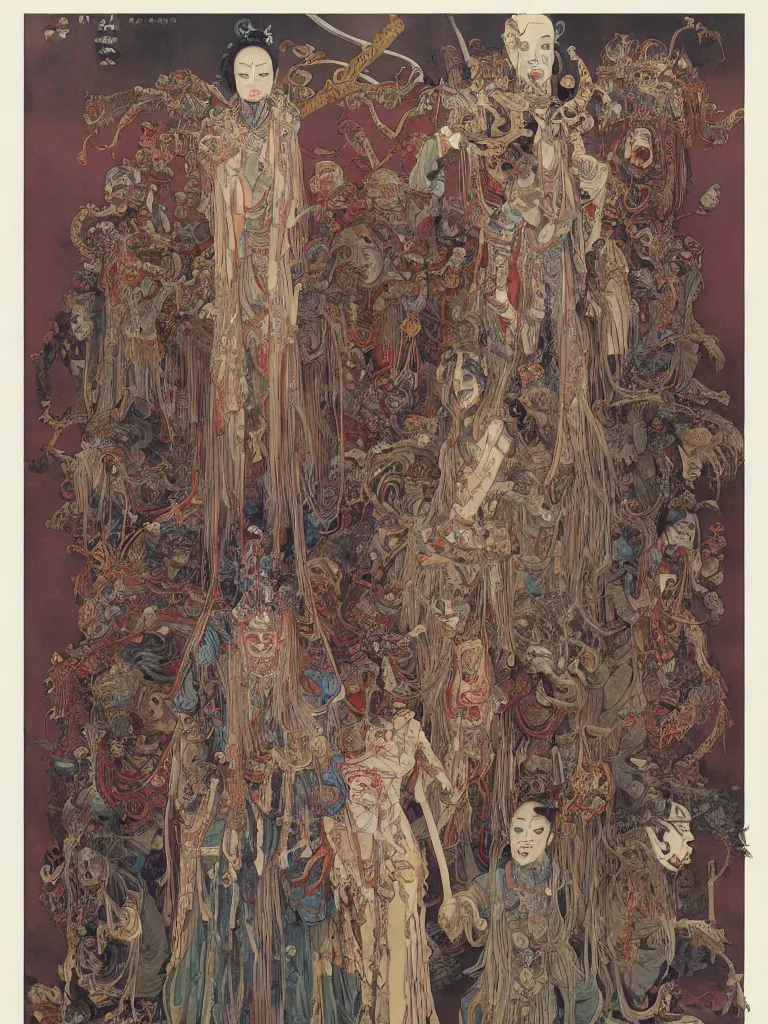 Prompt: ancient chinese zombies with luxuriant full - body official clothes of the qing dynasty, a incredible symmetrical concept design, psychedelic, highly detailed upper body, by mucha, michael whelan, jean leon gerome, junji ito, hr giger, zdzislaw, tyler jacobson, noah bradley, james paick s
