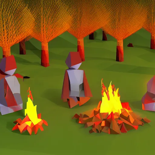 Prompt: low poly forest with a cult performing a ritual with a bonfire where a goat flies