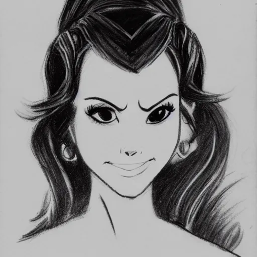 Image similar to milt kahl sketch of victoria justice with done up hair, tendrils covering face and ponytail as princess padme from star wars episode 3