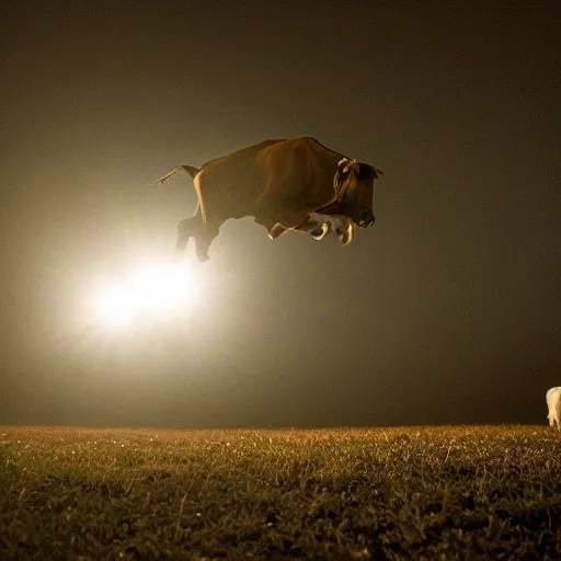 Prompt: a cow flying at night, flashlight, creepy, cinematic dramatic atmosphere, smooth, sharp focus, cinematic shot, movie scene, horror movie