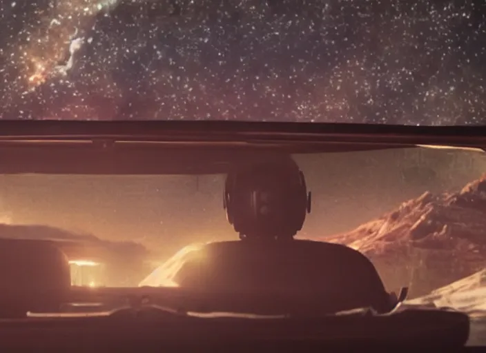 Image similar to a very high resolution image from a new movie, starlord. inside of a car. mountains, falling stars, directed by wes anderson