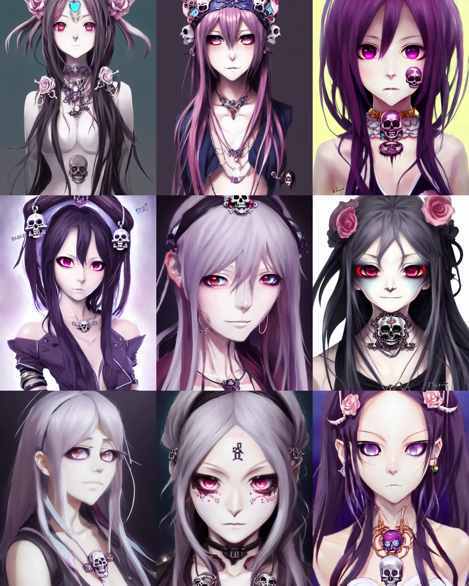 Prompt: Character concept art of a female anime necromancer wearing cute skull jewelry || cute-fine-face, pretty face, realistic shaded Perfect face, fine details by Stanley Artgerm Lau, WLOP, Rossdraws, James Jean, Andrei Riabovitchev, Marc Simonetti, and Sakimichan, tranding on artstation