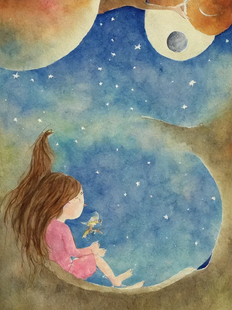 Image similar to sitting in the moon by storybook artists, blunt borders, rule of thirds, soft light, whimsical!!