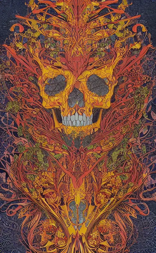 Prompt: intricate skull of a crow, background are varities of superhot chili peppers, bhut jolokia, carolina reaper, trinidad scorpion, voronoi, fibonacci sequence, leaves, by Moebius, Alphonse Mucha, peter mohrbacher, hiroshi yoshida, Art Nouveau, skate art, cgsociety, complementary colour scheme, psychedelic, complementary colour scheme, 3d