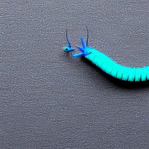 Image similar to studio photograph of a matte dark gray worm with a neon blue head and tail