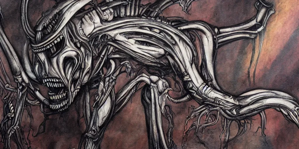 Image similar to xenomorph in the style of HR Giger, color cave painting