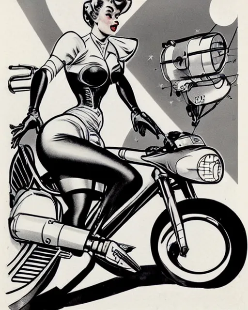 Image similar to cybernetic princess peach riding a motorcycle, 1 9 5 0 s pinup, retro futurism