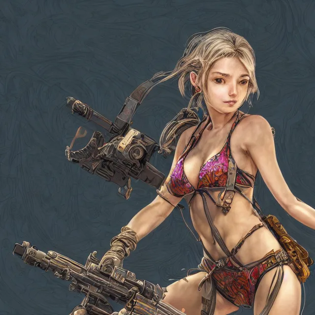 Image similar to the portrait of lawful neutral semi - colorful female infantry gunner as absurdly beautiful, gorgeous, elegant, young swimsuit model, an ultrafine hyperdetailed illustration by kim jung gi, irakli nadar, intricate linework, bright colors, octopath traveler, final fantasy, unreal engine 5 highly rendered, global illumination, radiant light, detailed and intricate environment