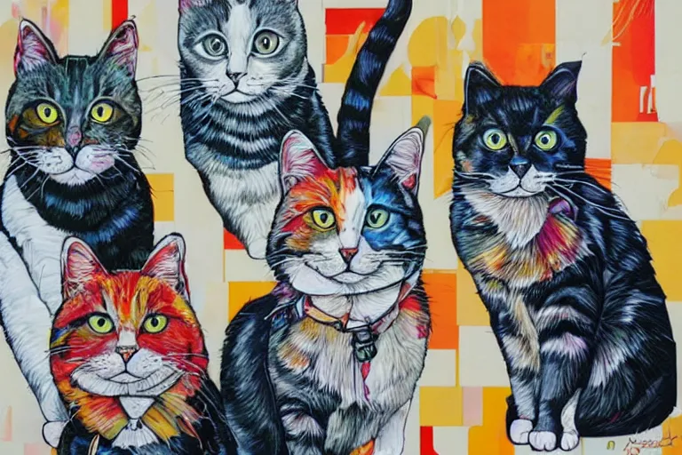 Prompt: a group of cat by Sandra Chevrier, colorful geometric pattern