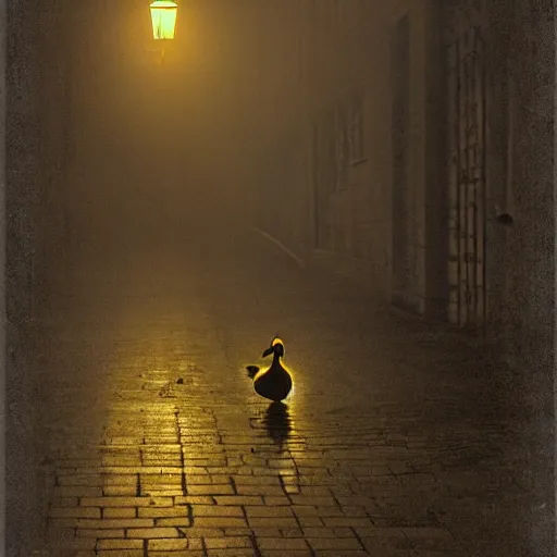 Prompt: lonely duck under a street light, foggy, beautiful lighting, high detail, by august friedrich schenck