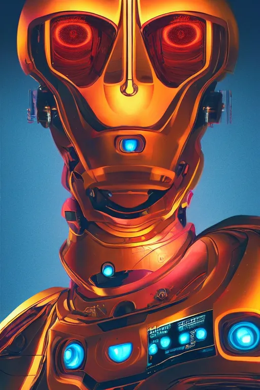 Prompt: ultradetailed retro-futurist illustration of a robot with a menacing stare, radiating glowing color, digital airbrush painting, hyperrealistic masterpiece, artstation, cgsociety, golden ratio