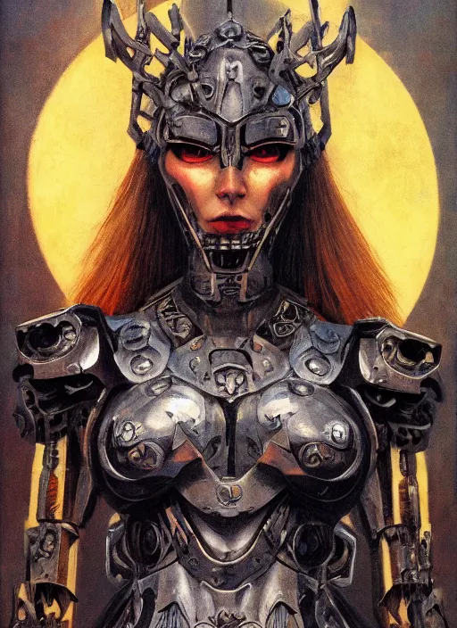 Image similar to symmetry! closeup biblical diabolical beautiful female valkyree! wooden cyborg! stylish armor, heavy eyes to the side, closeup, bright glowing eyes, in clouds, rain, sunset, portrait, by gerald brom, by mikhail vrubel, by peter elson, muted colors, extreme detail, mirrors, trending on artstation, 8 k