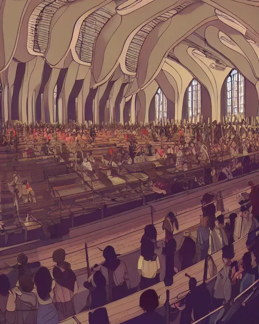 Image similar to moebius and ghibli digital matte art of a crowd in a futuristic church, priest, pews, ethereal, inviting, bright, unreal engine, hyper realism, realistic shading, cinematic composition, realistic render, octane render, detailed textures, photorealistic, wide shot