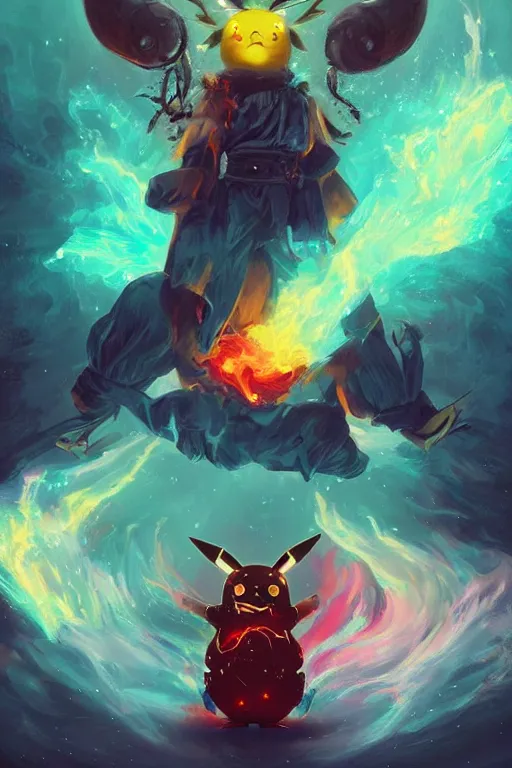 Image similar to the look of pikachu, necromancer witch - doctor covered with ice exploding into fire, electricity highly detailed, high contrast, light reflection, trippy, nebula, trending on artstation by artgem, by peter mohrbacher, by wlop, by ruan jia