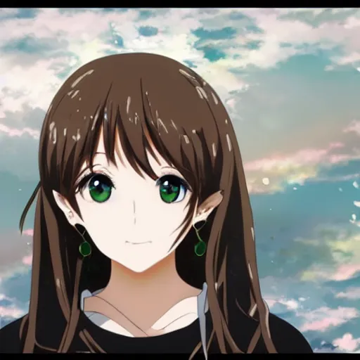 Image similar to key anime visual of a beautiful girl with brown hair and green eyes, trending on Pixiv; detailed