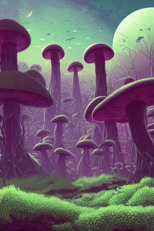 Prompt: concept art painting of an alien world with mushroom forests, artgerm, moebius, inio asano, toon shading, cel shading, calm, tranquil, vaporwave colors,
