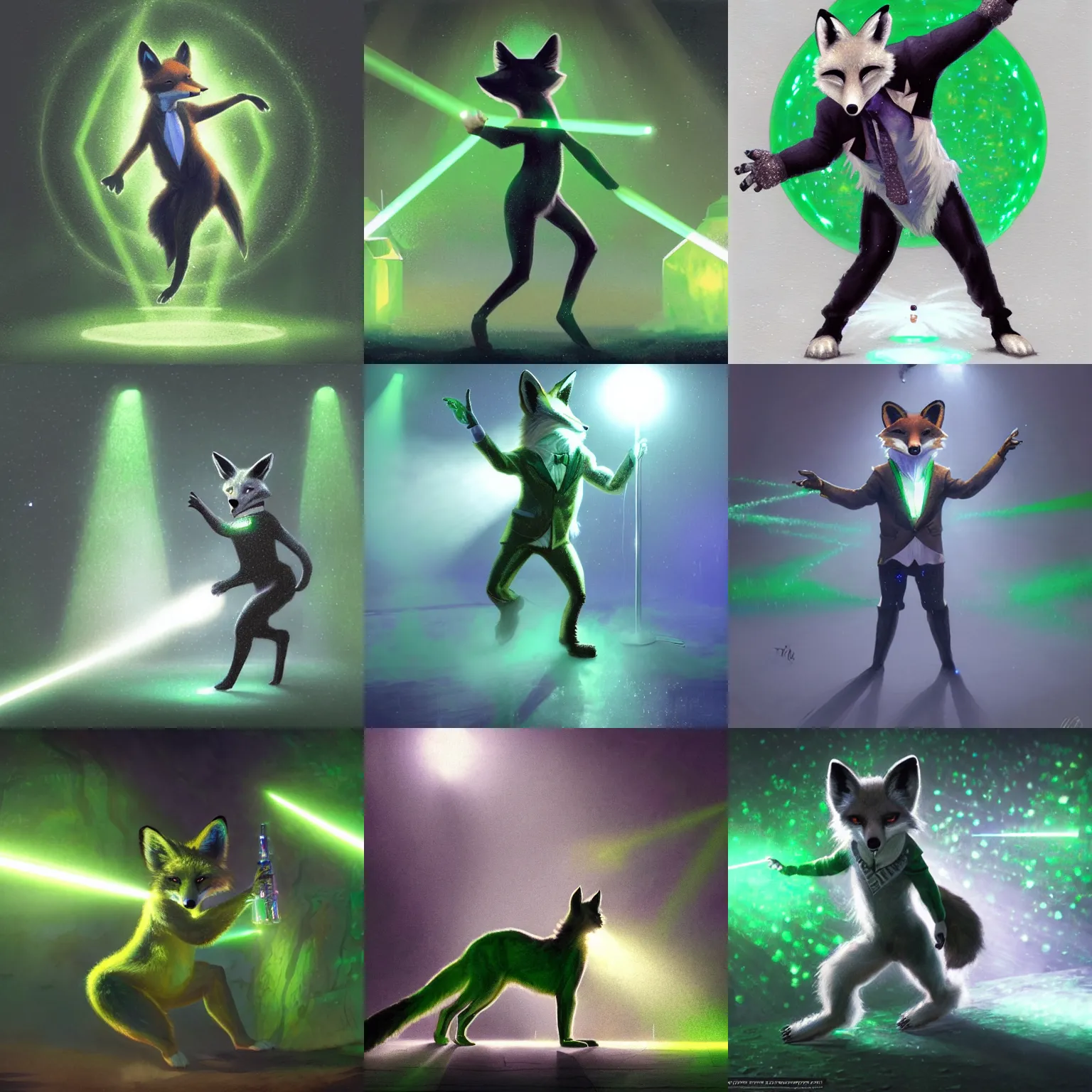 Prompt: an anthropomorphic fox dressed in a silver glittering suit, dancing in front of fog, backlit, vivid green lasers, furaffinity fursona, gregory manchess greg rutkowski, green laser light show, fog machine