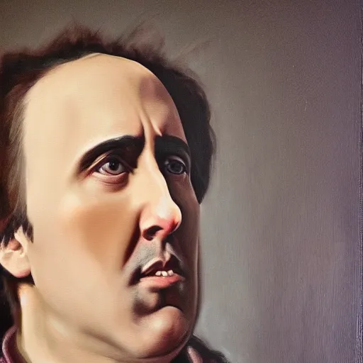 Image similar to paint portrait on canvas ofnicolas cage caravaggio style 4 k