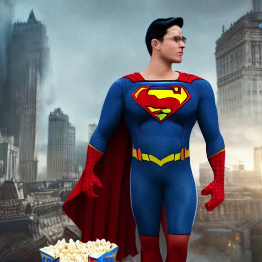 Image similar to super man dressed as spider man dressed as batman dressed as popcorn, masterpiece, highly detailed, high quality, 4 k, anatomically correct, hyperrealistic, concept art, octane render, unreal engine 5, trending on artstation, trending on deviantart, matte, historical painting, fantasy style, path traced, high coherence, soft lighting, digital painting, mythical