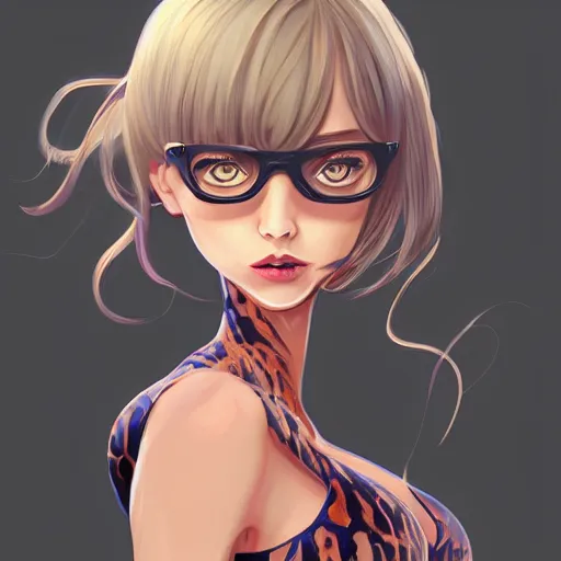 Image similar to cute beautiful decisive girl in jacket suit with snake print over bare skin, elegant, 2d, ultra highly detailed, digital painting, smooth, sharp focus, artstation, pixiv, art by Ilya Kuvshinov