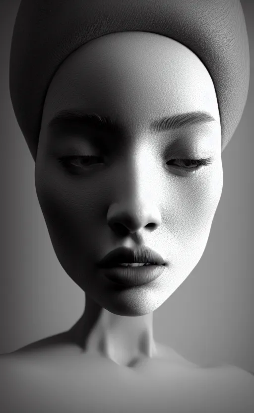 Prompt: complex 3d render of a beautiful face, beautiful natural soft light, rim light, elegant, highly detailed, octane render, black and white, Kandinsky style