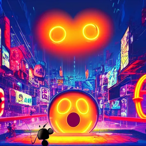 Prompt: a group of people standing around a giant one - eyed mickey mouse, cyberpunk art by david lachapelle, cgsociety, dystopian art, netflix neon logo concept art, neons, interior