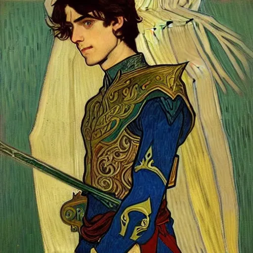 Image similar to portrait painting of young handsome beautiful paladin elf!! man with long! wavy dark hair and blue eyes in his 2 0 s named taehyung minjun james, pale, wearing armor!, gorgeous hair, elf ears, icy eyes, elegant, cute, delicate, soft facial features, art by alphonse mucha, vincent van gogh, egon schiele,