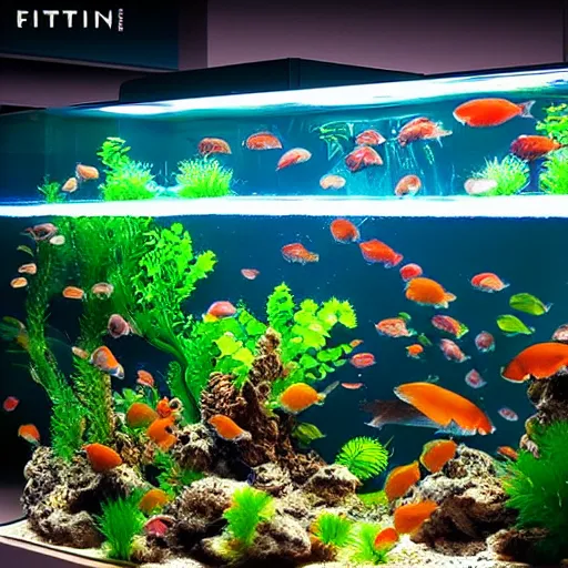 Image similar to “An endless store full of fish tanks, high quality, vanishing point, bright colors, photograph, digital art, trending on Artstation”