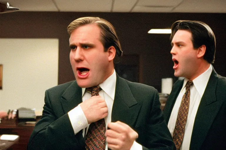 Image similar to cinematic still of portly clean-shaven white man wearing suit and necktie shouting at two other men his office in 1994 film, XF IQ4, f/1.4, ISO 200, 1/160s, 8K, RAW, dramatic lighting, symmetrical balance, in-frame