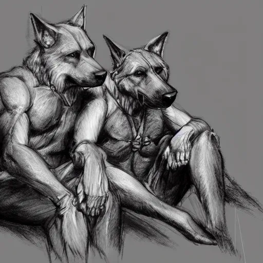 Image similar to two humanoid german shepherds beast - men, sitting on a couch and hugging together, artstation, concept art, smooth, sharp foccus ilustration, artstation