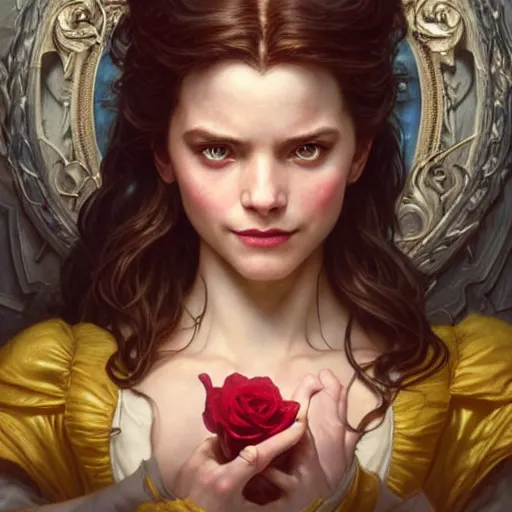 Image similar to belle beauty and the beast ; ultra realistic, concept art, intricate details, eerie, haunting, highly detailed, photorealistic, octane render, 8 k, unreal engine. art by artgerm and greg rutkowski and charlie bowater and magali villeneuve and alphonse mucha